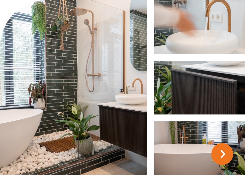 Moderne badkamer met vrijstaand bad, groene tegels, houten douchevloer en veel planten